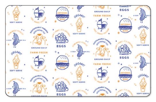 Large super duper burger in center surrounded by smaller associated logos over white background